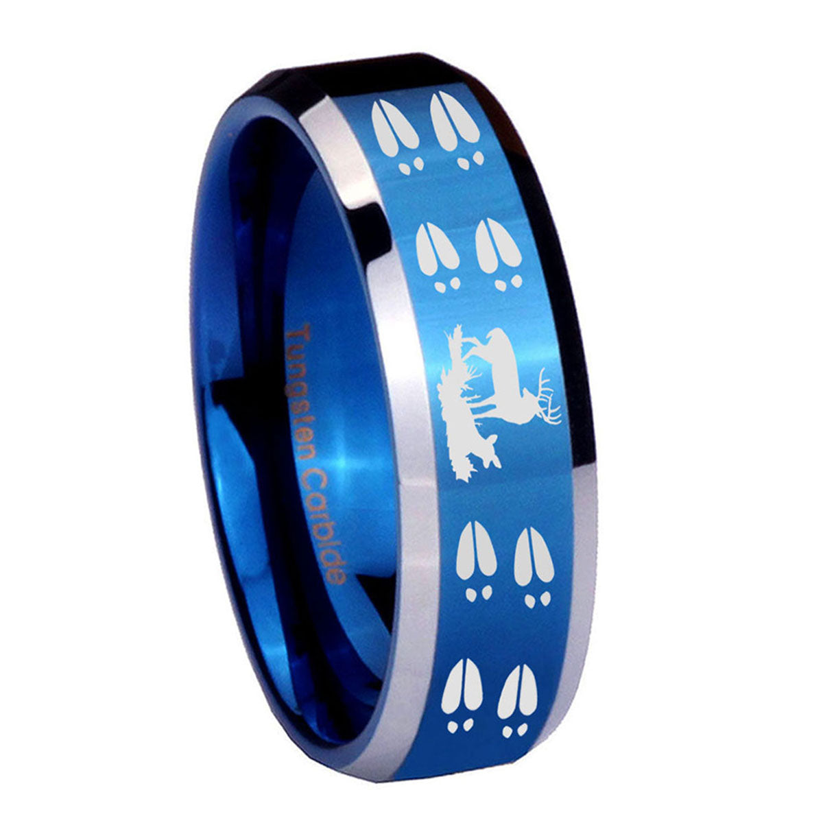 8MM Deer Hunting Tracks Beveled Blue Tungsten Rings For Men