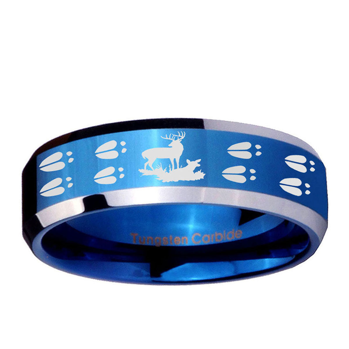 10mm Deer Hunting Tracks Beveled Edge Blue 2 Tone Tungsten Ring