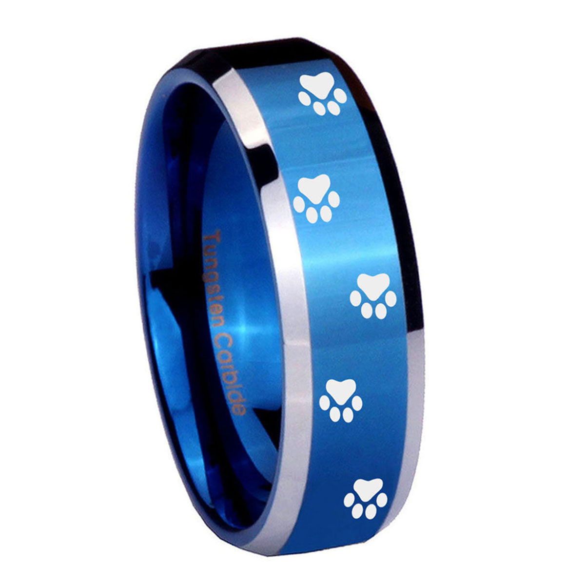 8MM Paw Print Beveled Blue Tungsten Wedding Band For Men
