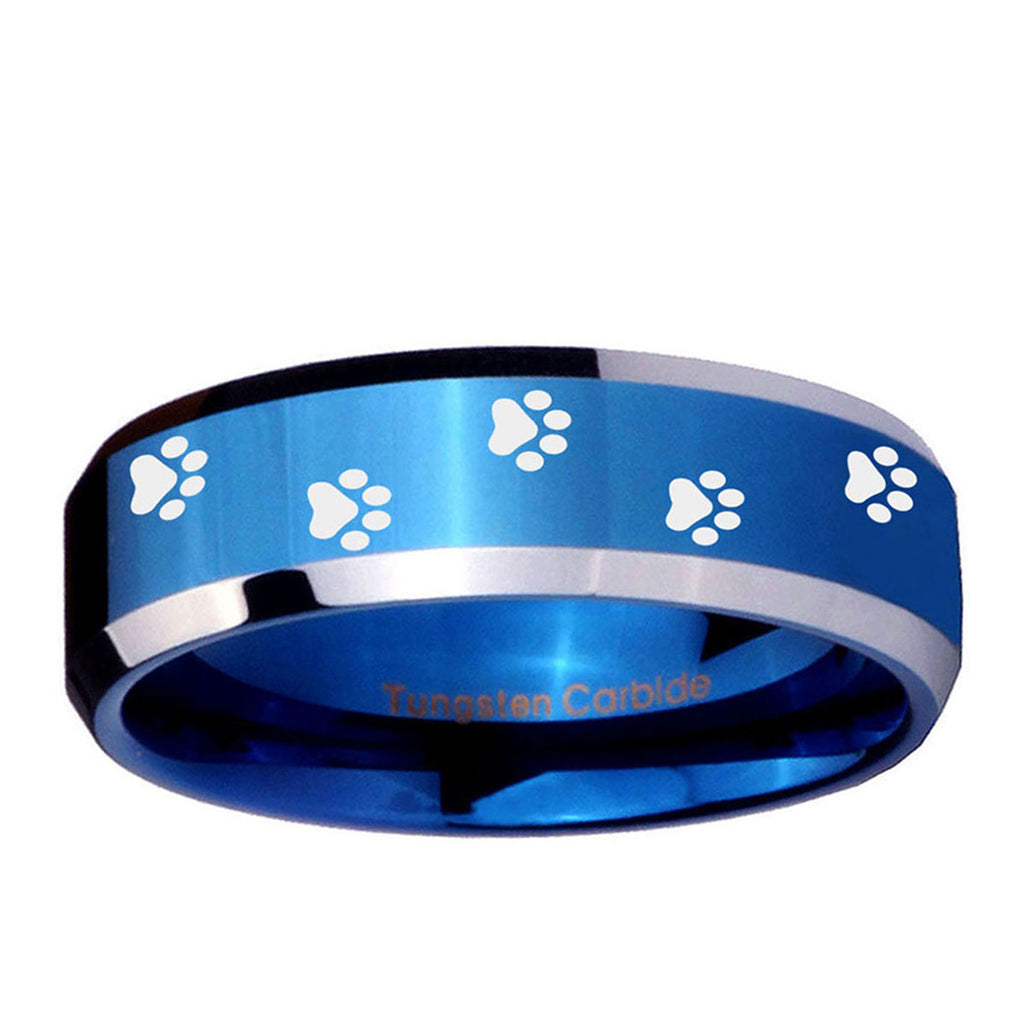 10mm Paw Print Beveled Edge Blue 2 Tone Tungsten Ring