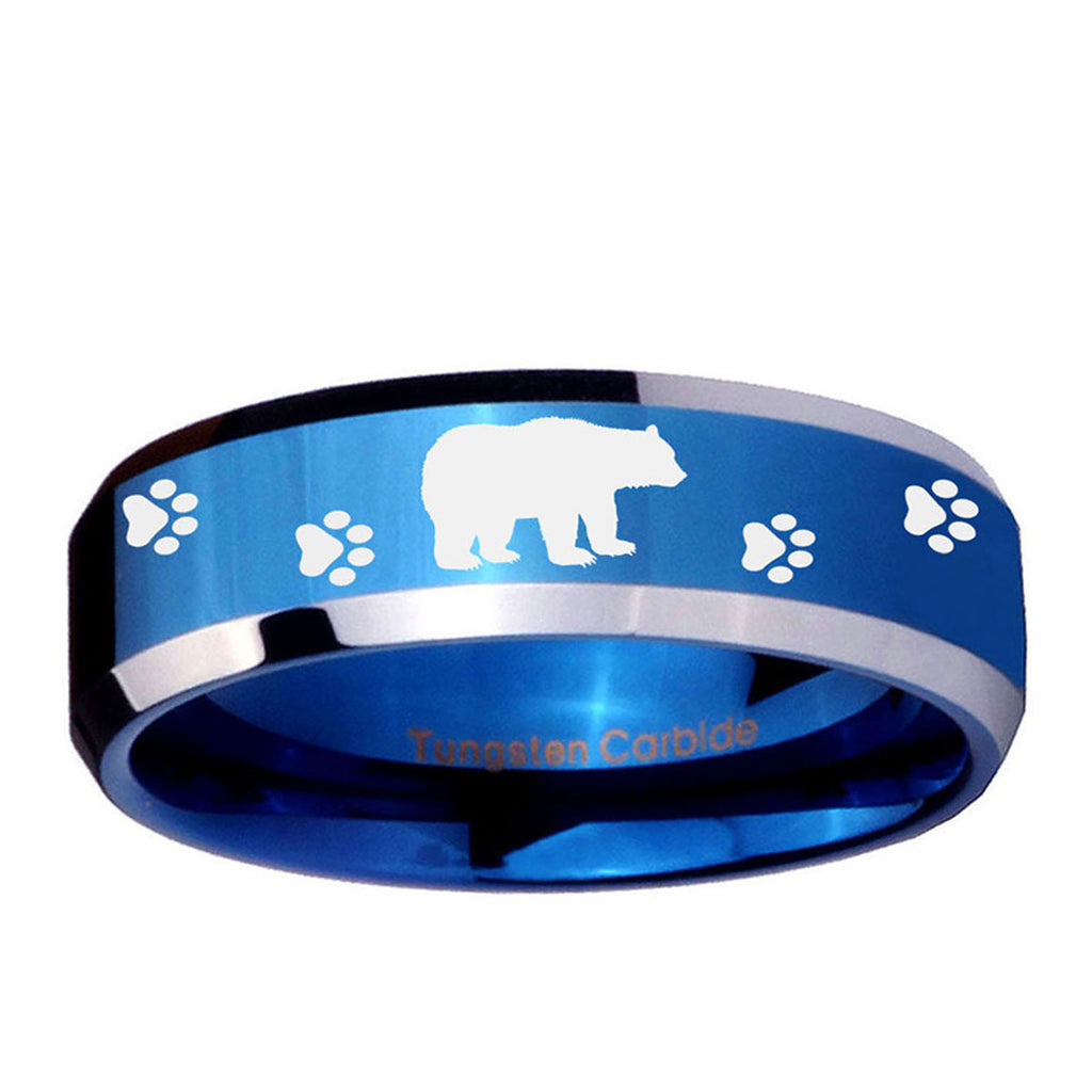 10mm Bear and Paw Beveled Edge Blue 2 Tone Tungsten Ring