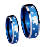 His Hers Bear and Paw Beveled Edges Blue 2 Tone Tungsten Rings for Men Set