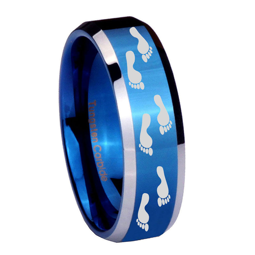 8MM Foot Print Beveled Blue Tungsten Promise Ring For Him