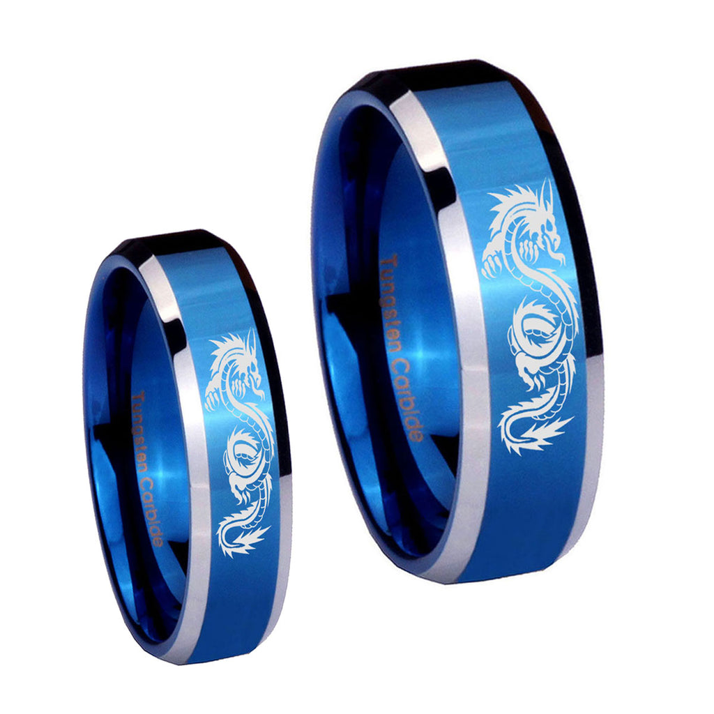Dragon Beveled Edges Blue 2 Tone Tungsten Couple Wedding Rings