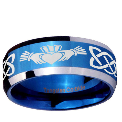 10mm Irish Claddagh Beveled Edge Blue 2 Tone Tungsten Ring