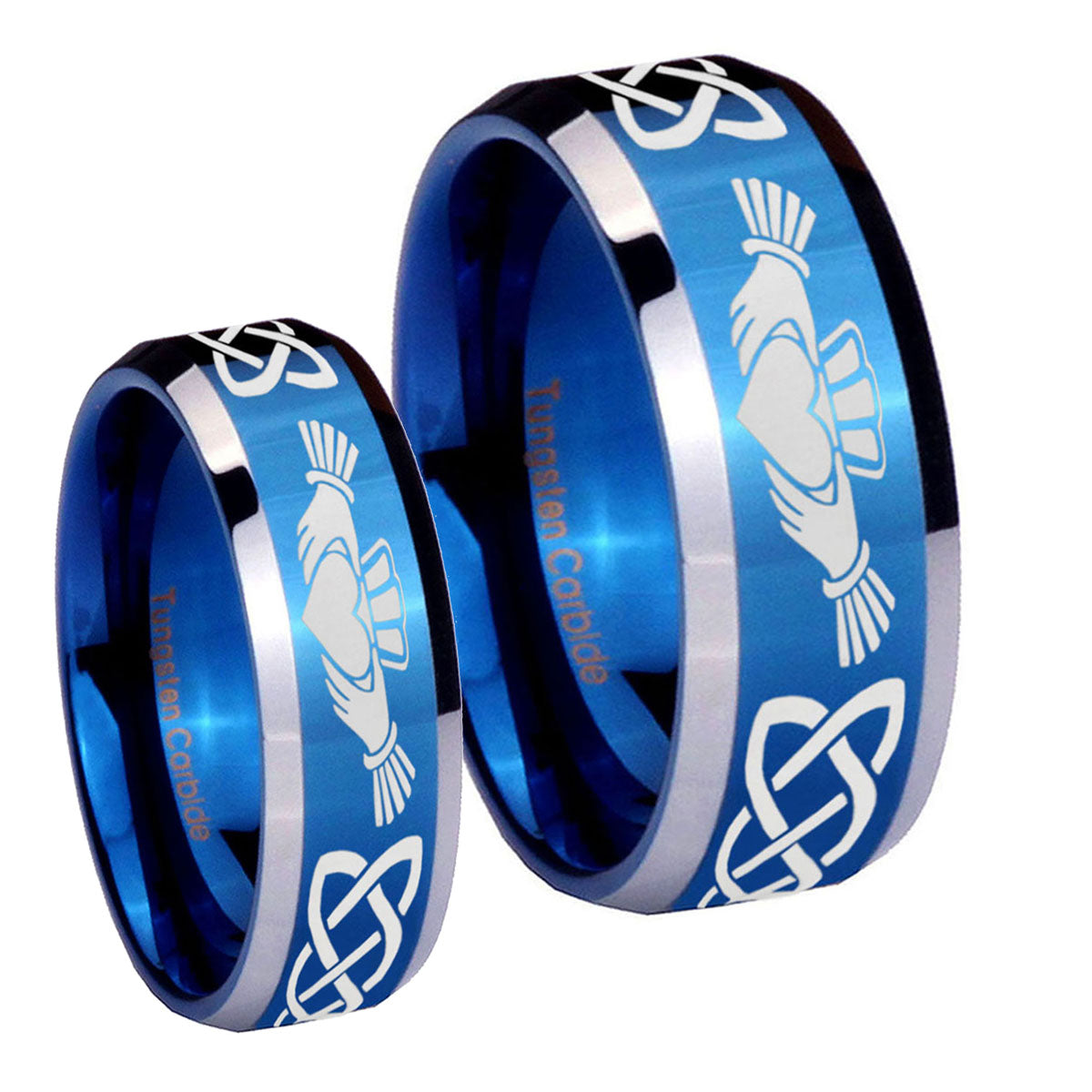 Irish Claddagh Beveled Blue 2 Tone Tungsten Couple Band Set