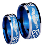 His Hers Irish Claddagh Beveled Blue 2 Tone Tungsten Mens Engagement Band Set