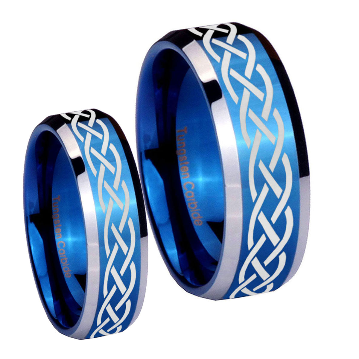 Celtic Knot Beveled Blue 2 Tone Tungsten Couple Rings