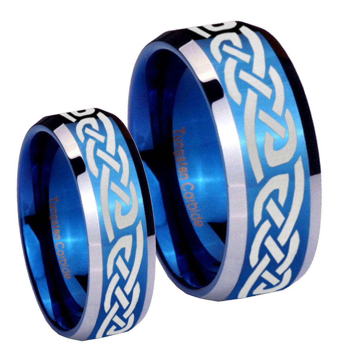 Celtic Knot Infinity Love Beveled Blue 2 Tone Tungsten Engagement Ring Set