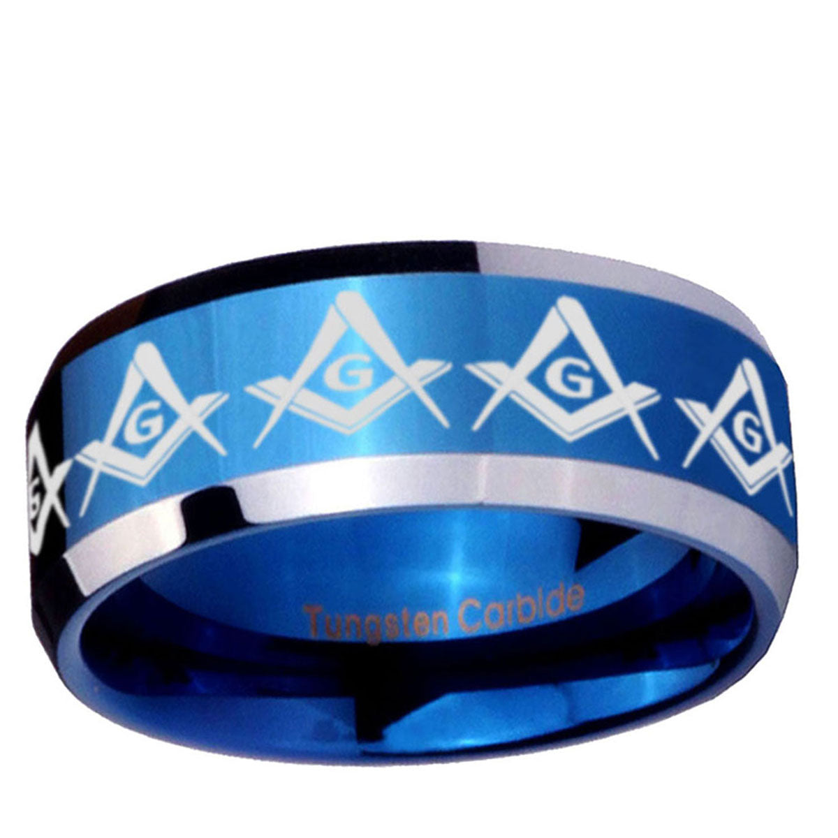 5MM Masonic Square and Compass Beveled Blue Tungsten Band