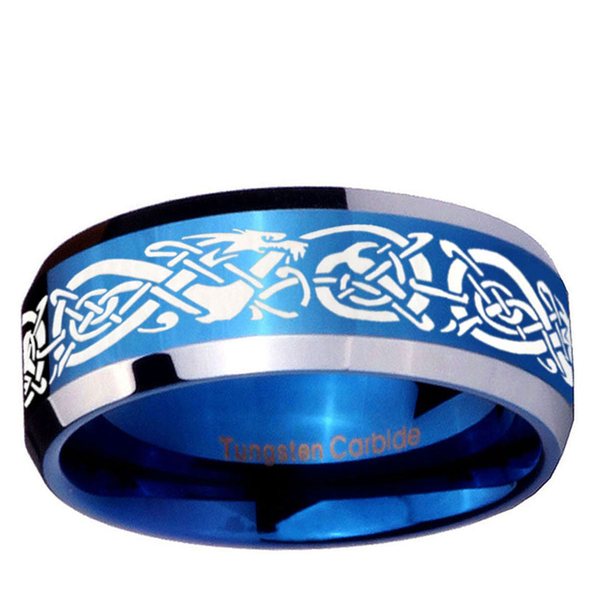 10mm Celtic Knot Dragon Beveled Edge Blue 2 Tone Tungsten Ring