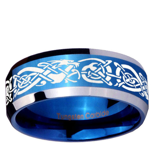 10mm Celtic Knot Dragon Beveled Edge Blue 2 Tone Tungsten Ring
