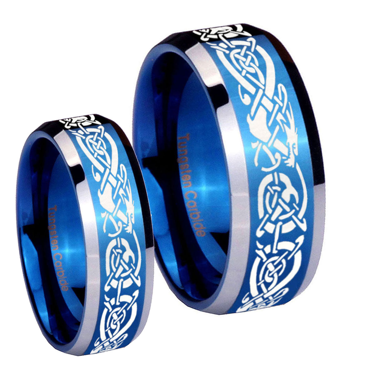 Celtic Knot Dragon Beveled Blue 2 Tone Tungsten Matching Ring Set