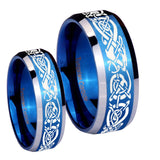 His Hers Celtic Knot Dragon Beveled Blue 2 Tone Tungsten Mens Ring Set