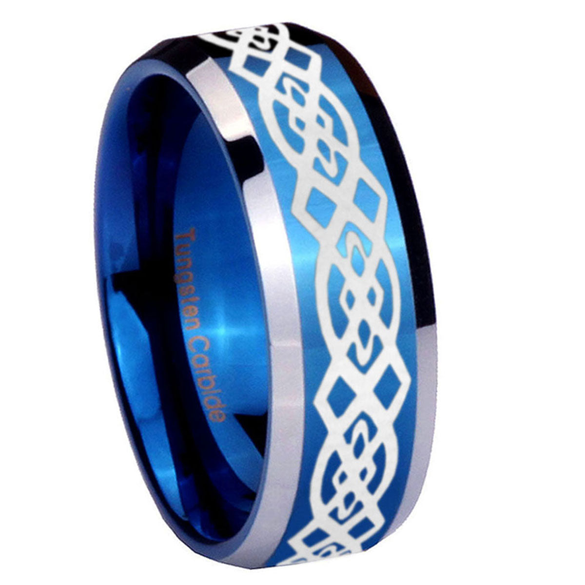 8MM Celtic Knot Beveled Blue Tungsten Band For Men