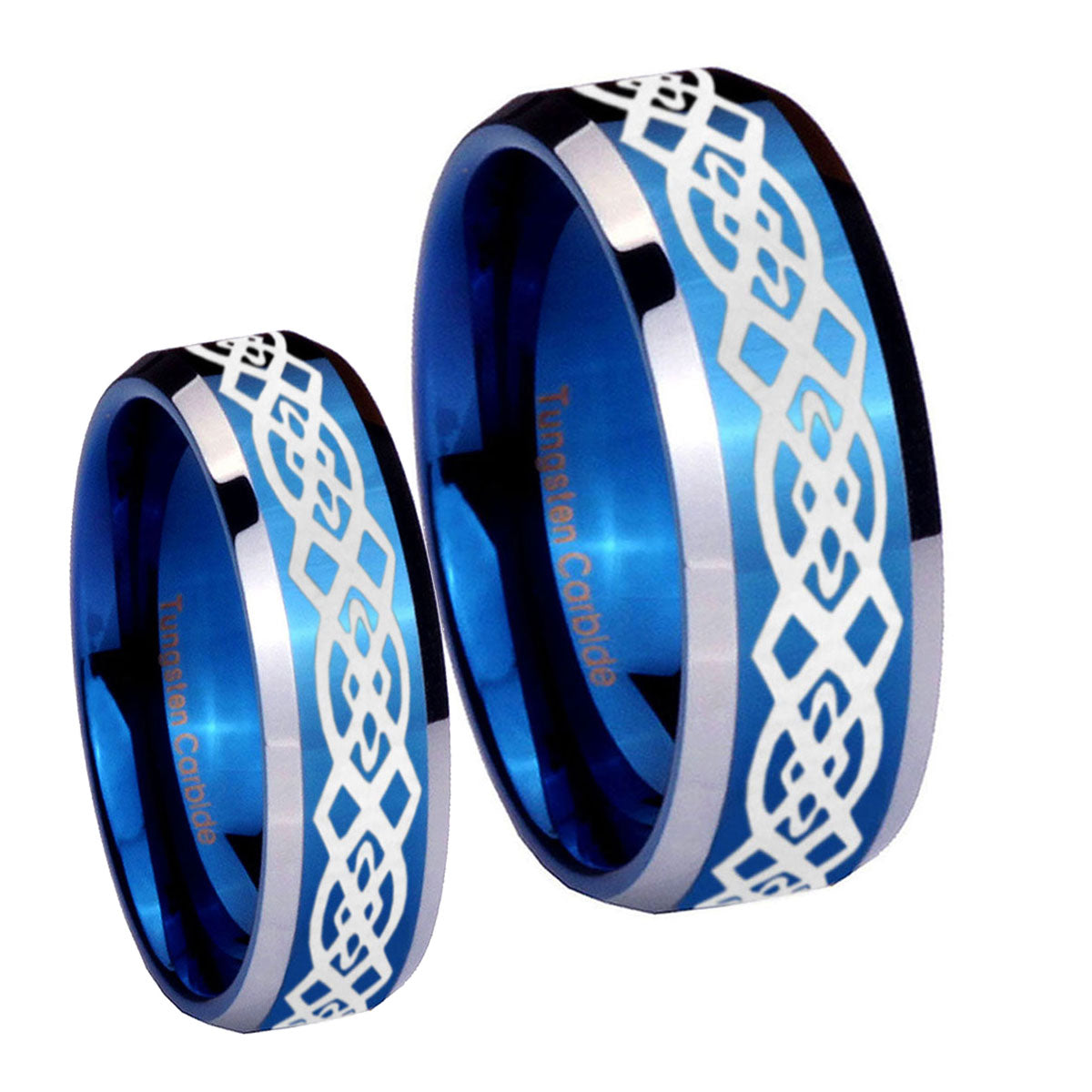Celtic Knot Beveled Edges Blue 2 Tone Tungsten Bridal Band Set
