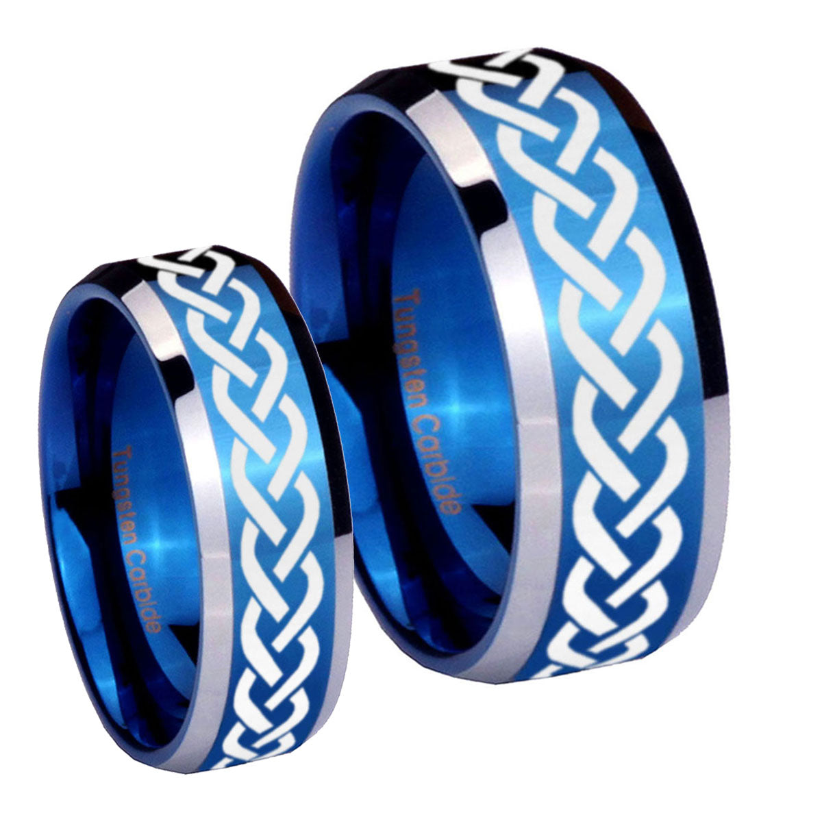 Laser Celtic Knot Beveled Blue 2 Tone Tungsten His Hers Set Rings