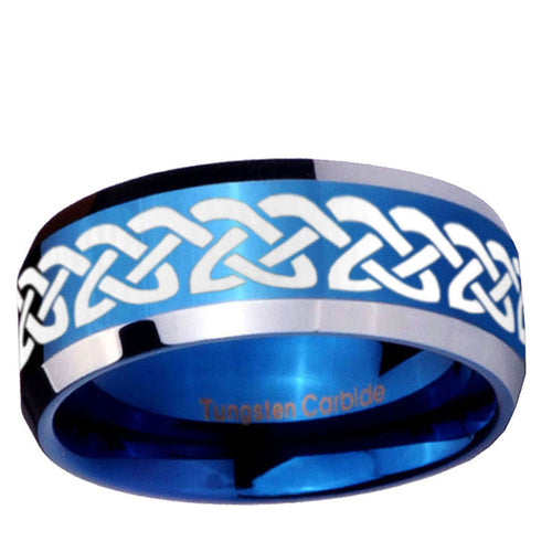 10mm Celtic Knot Love Beveled Edge Blue 2 Tone Tungsten Ring