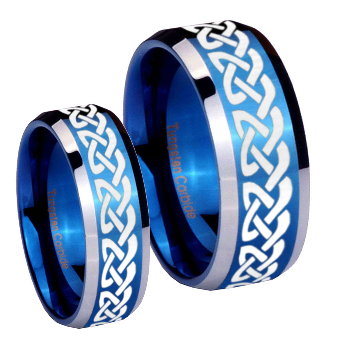 Celtic Knot Love Beveled Blue 2 Tone Tungsten Wedding Ring Sets