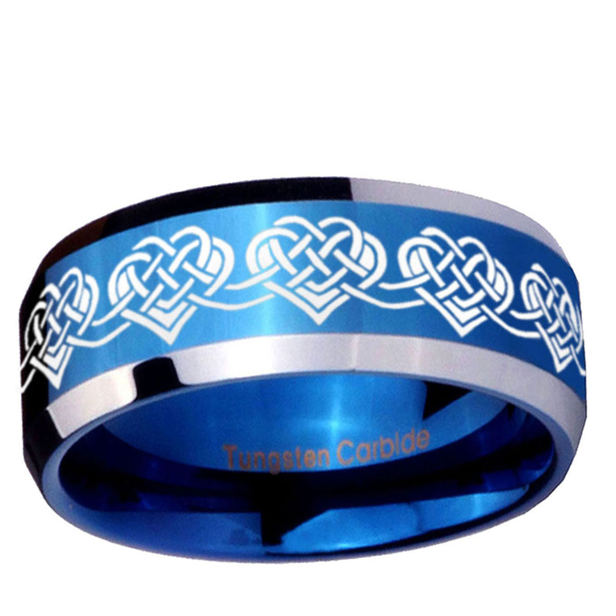 5MM Celtic Knot Heart Beveled Blue Tungsten Engravable Ring