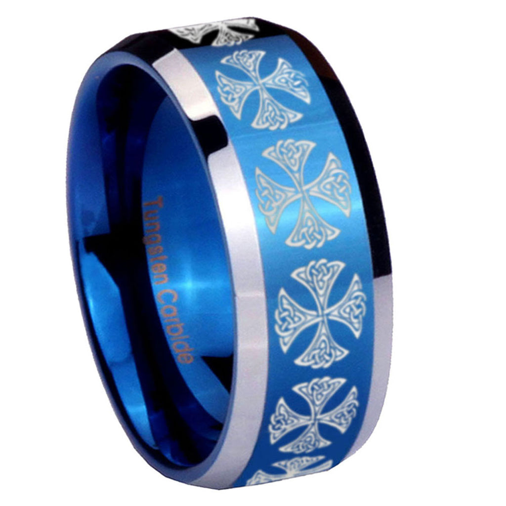 8MM Medieval Cross Beveled Blue Tungsten Wedding Band For Men