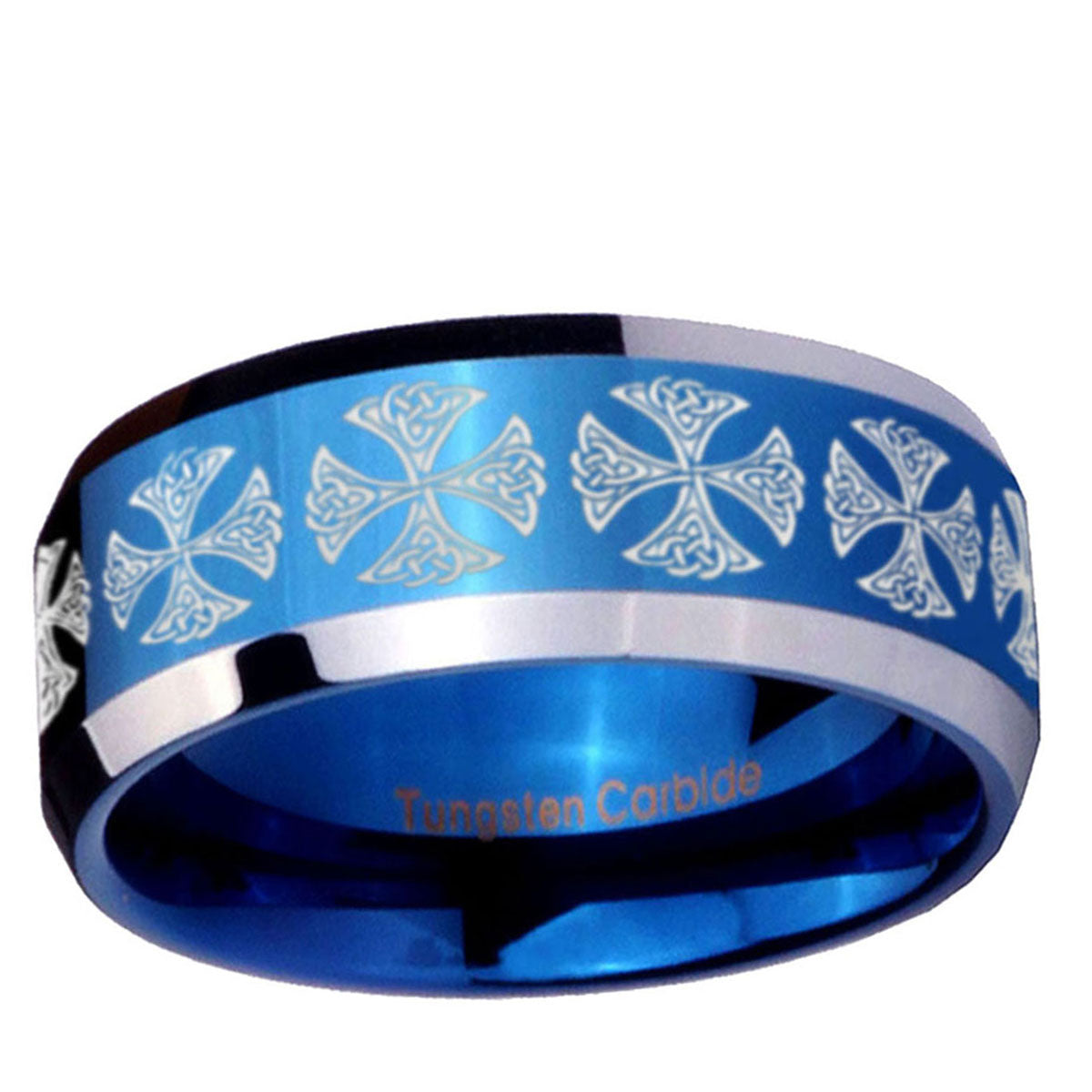 5MM Medieval Cross Beveled Blue Tungsten Wedding Band For Men