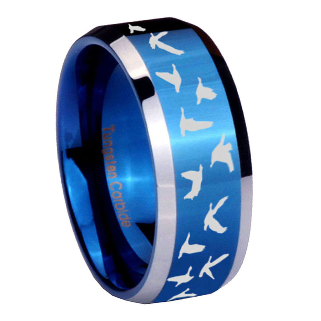 10mm Flying Geese Hunting Beveled Edges Blue 2 Tone Tungsten Men's Engagement Ring