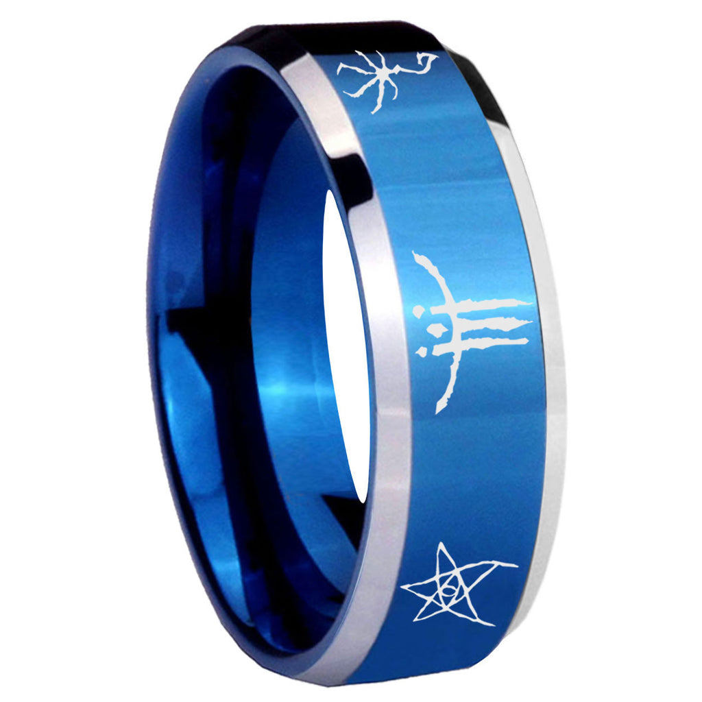 8MM Blackborne Caryll Runes Beveled Blue Tungsten Wedding Band
