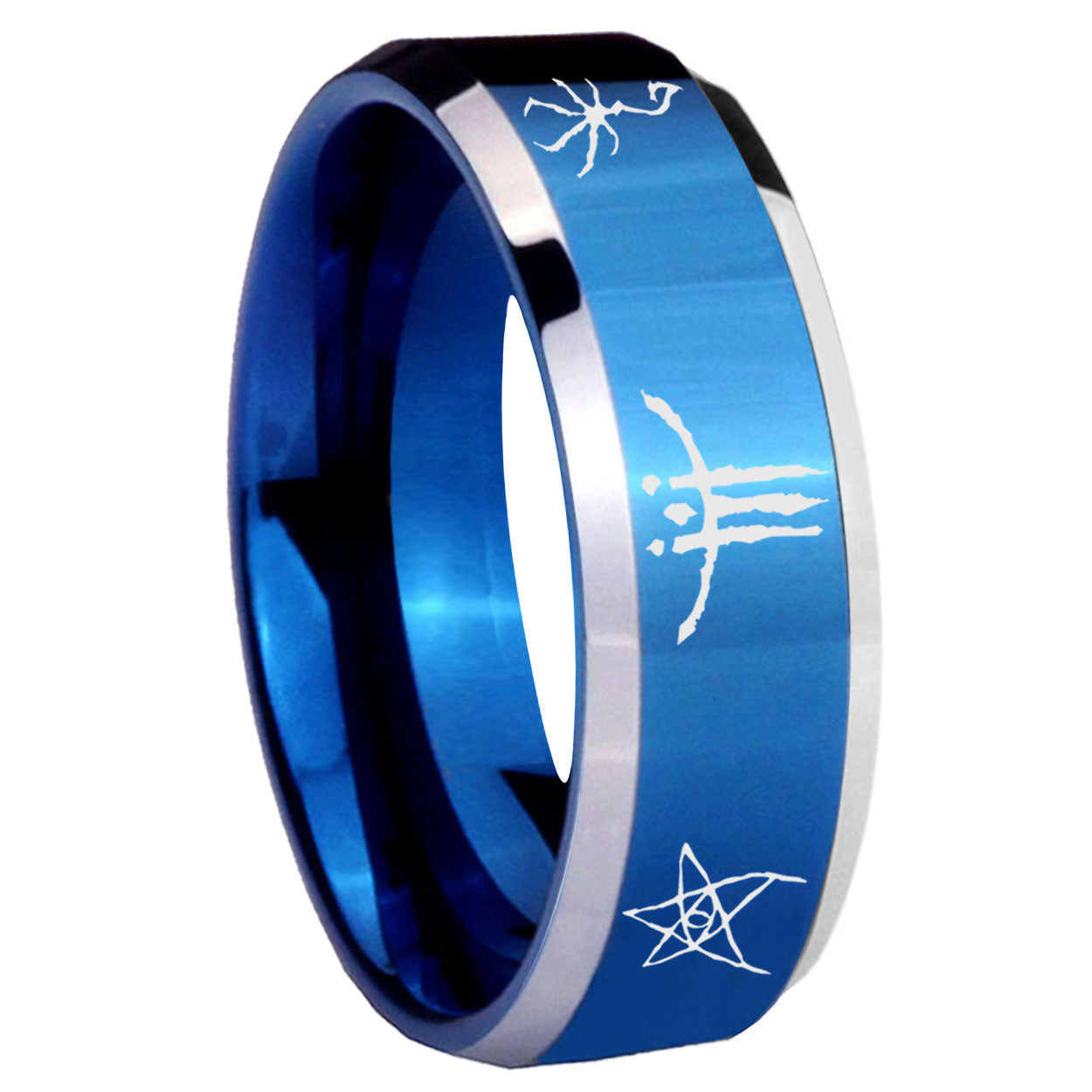 8MM Blackborne Caryll Runes Beveled Blue Tungsten Wedding Band