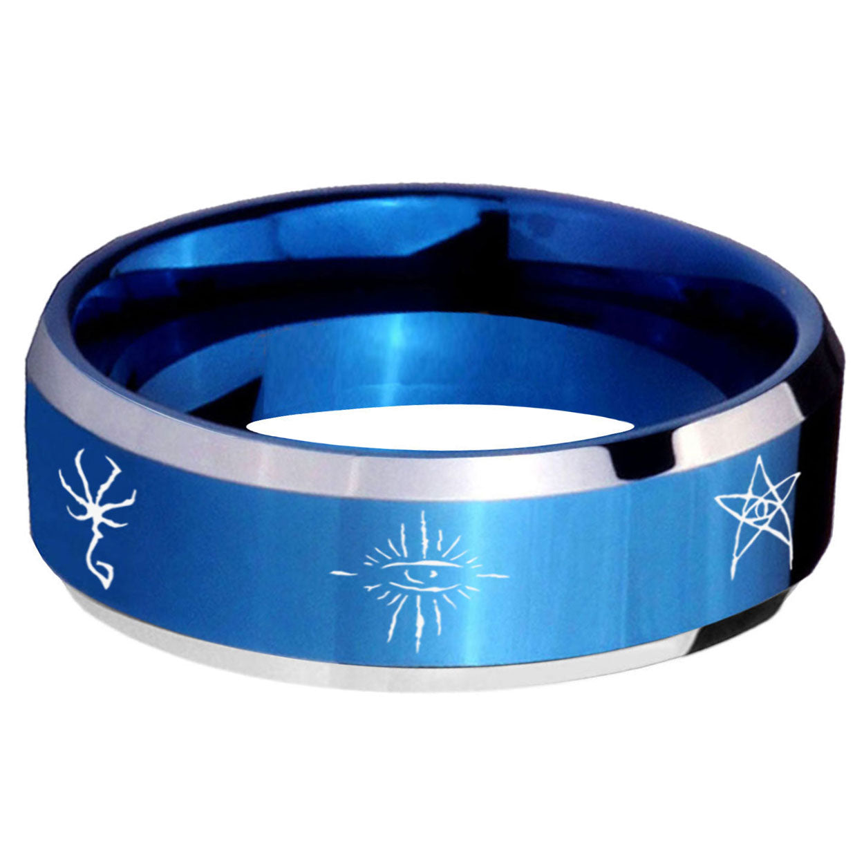 5MM Blackborne Caryll Runes Beveled Blue Tungsten Wedding Band