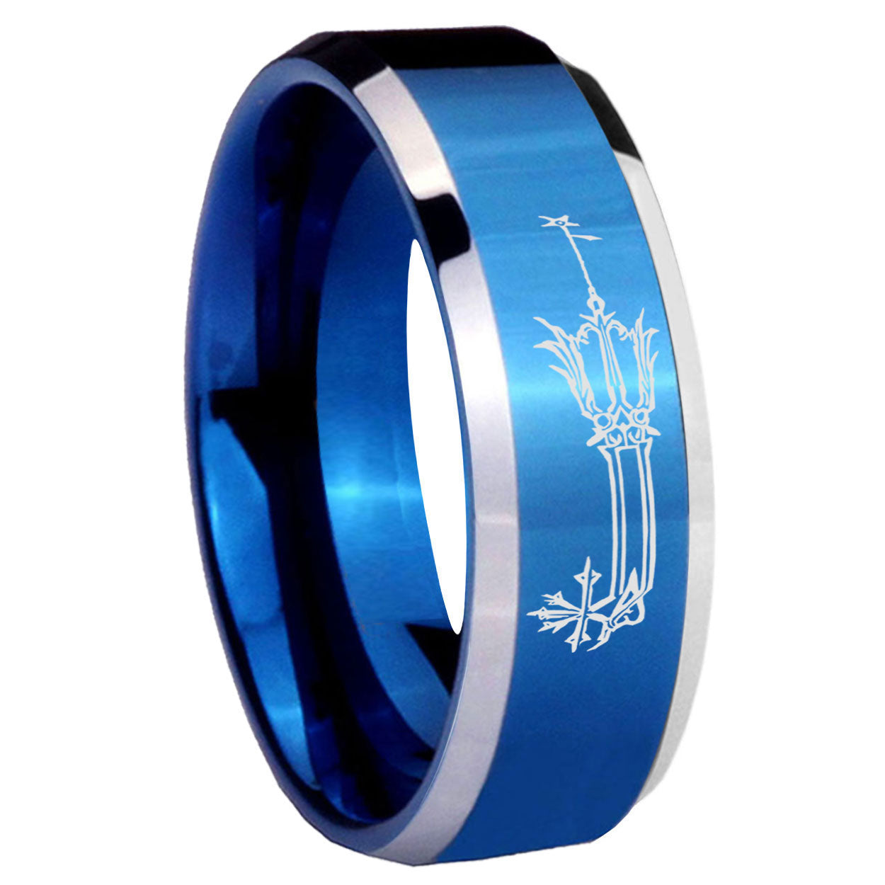 8MM Geekery Oathkeeper Kingdom Hearts Beveled Blue Tungsten Wedding Band