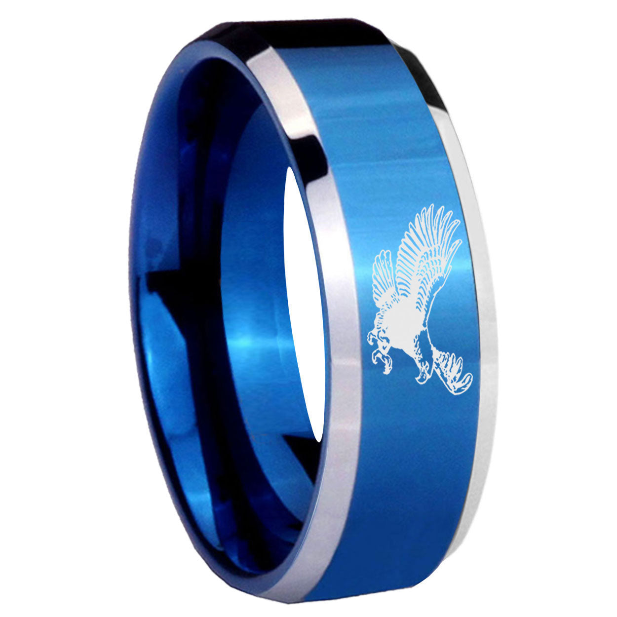 8MM Flying American Eagle Beveled Blue Tungsten Wedding Band