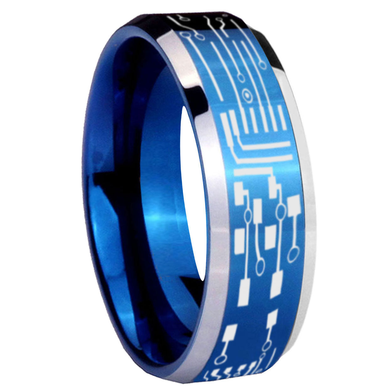 8MM Circuit Board Beveled Blue Tungsten Wedding Band