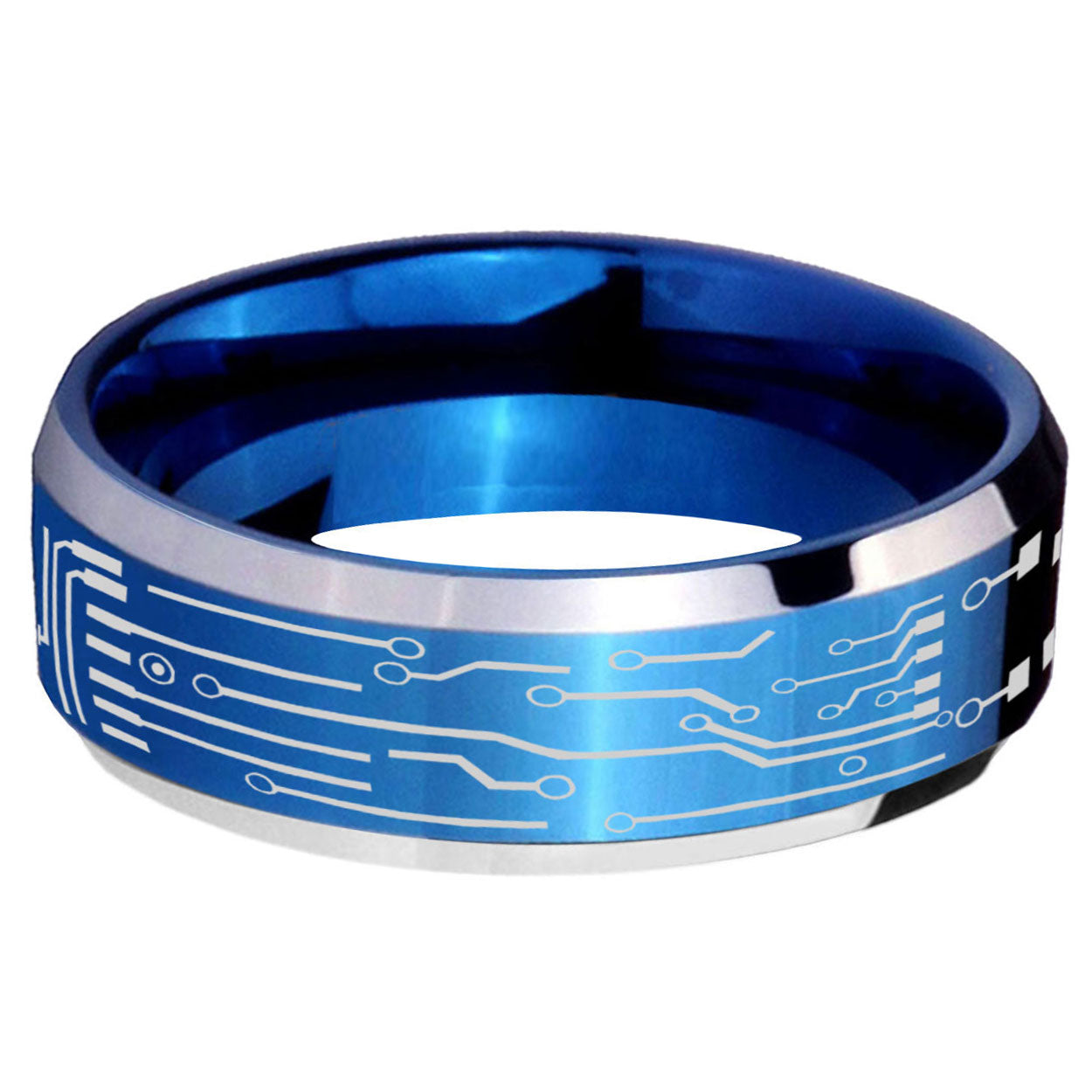 5MM Circuit Board Beveled Blue Tungsten Wedding Band