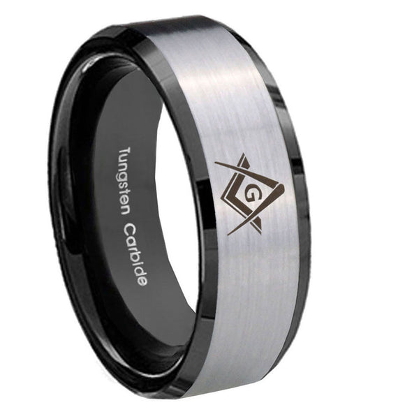 10mm-Freemason-Masonic-Beveled-Brushed-Silver-Black-Tungsten-Mens-Ring-Engraved