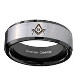10mm-Freemason-Masonic-Beveled-Brushed-Silver-Black-Tungsten-Mens-Ring-Engraved