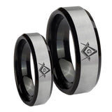 His Hers Freemason Masonic Beveled Brush Black 2 Tone Tungsten Ring Set