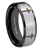 10mm-Crosses-Beveled-Edges-Brushed-Silver-Black-Tungsten-Mens-Engagement-Band