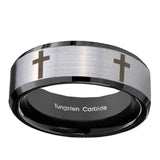 10mm-Crosses-Beveled-Edges-Brushed-Silver-Black-Tungsten-Mens-Engagement-Band