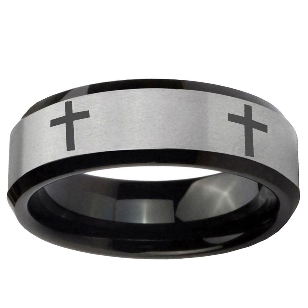 10mm Crosses Beveled Edge Brushed Silver Black Tungsten Ring