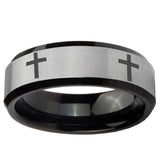 10mm Crosses Beveled Edge Brushed Silver Black Tungsten Ring