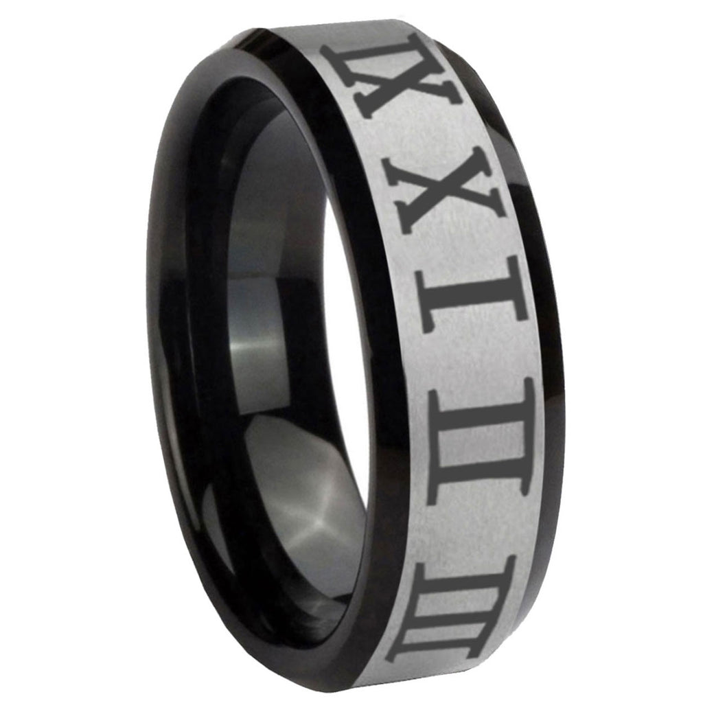 10mm Roman Numeral Beveled Edges Brushed Silver Black Tungsten Engagement Ring