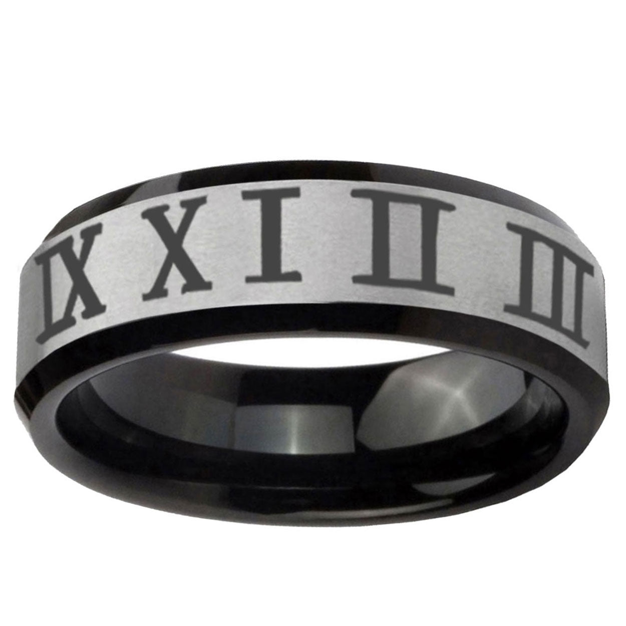 5mm Roman Numeral Two-Tone Beveled Gray Black Tungsten Wedding Ring