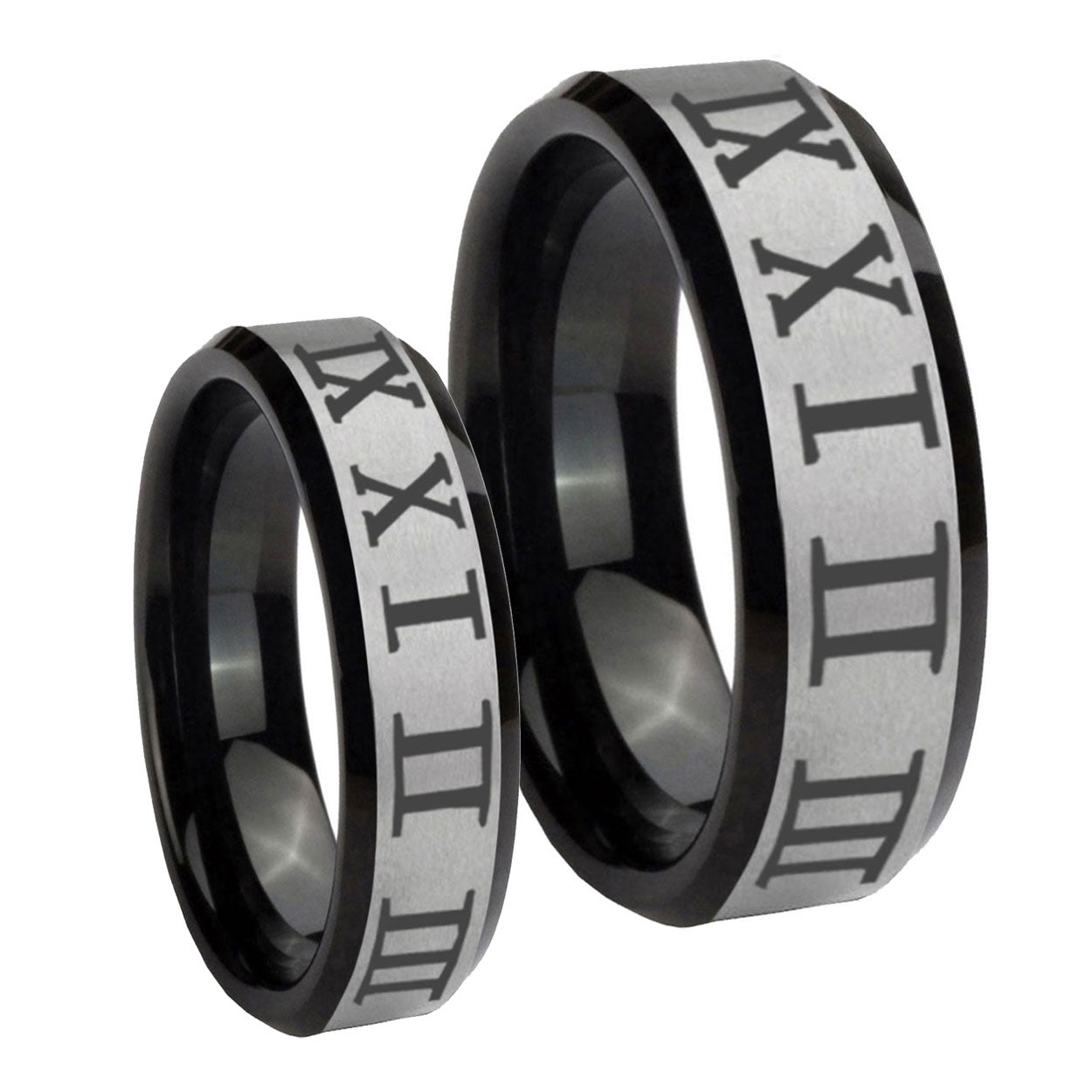 Roman Numeral Beveled Brush Black 2 Tone Tungsten Bridal Ring Set