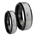 Fleur De Lis Beveled Brush Black 2 Tone Tungsten Bridal Ring Sets