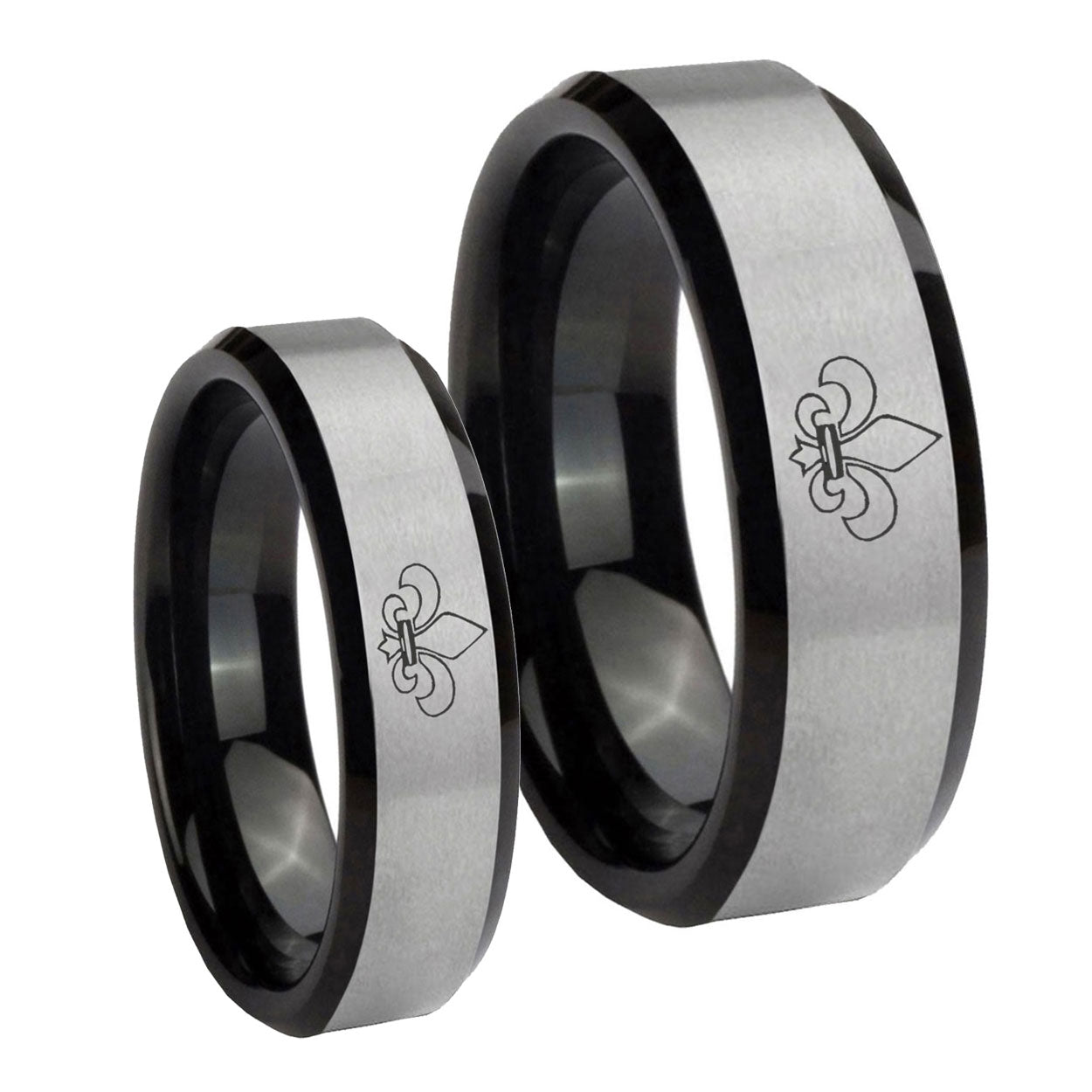 Fleur De Lis Beveled Brush Black 2 Tone Tungsten Bridal Ring Sets