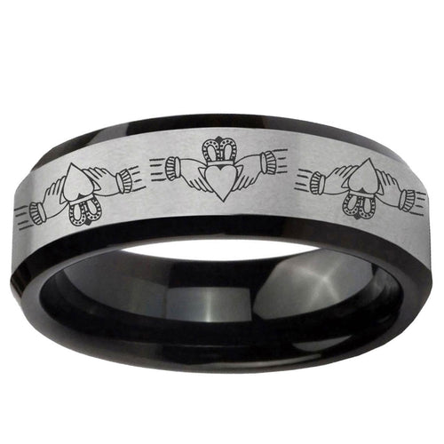10mm Irish Claddagh Beveled Brushed Silver Black Tungsten Ring