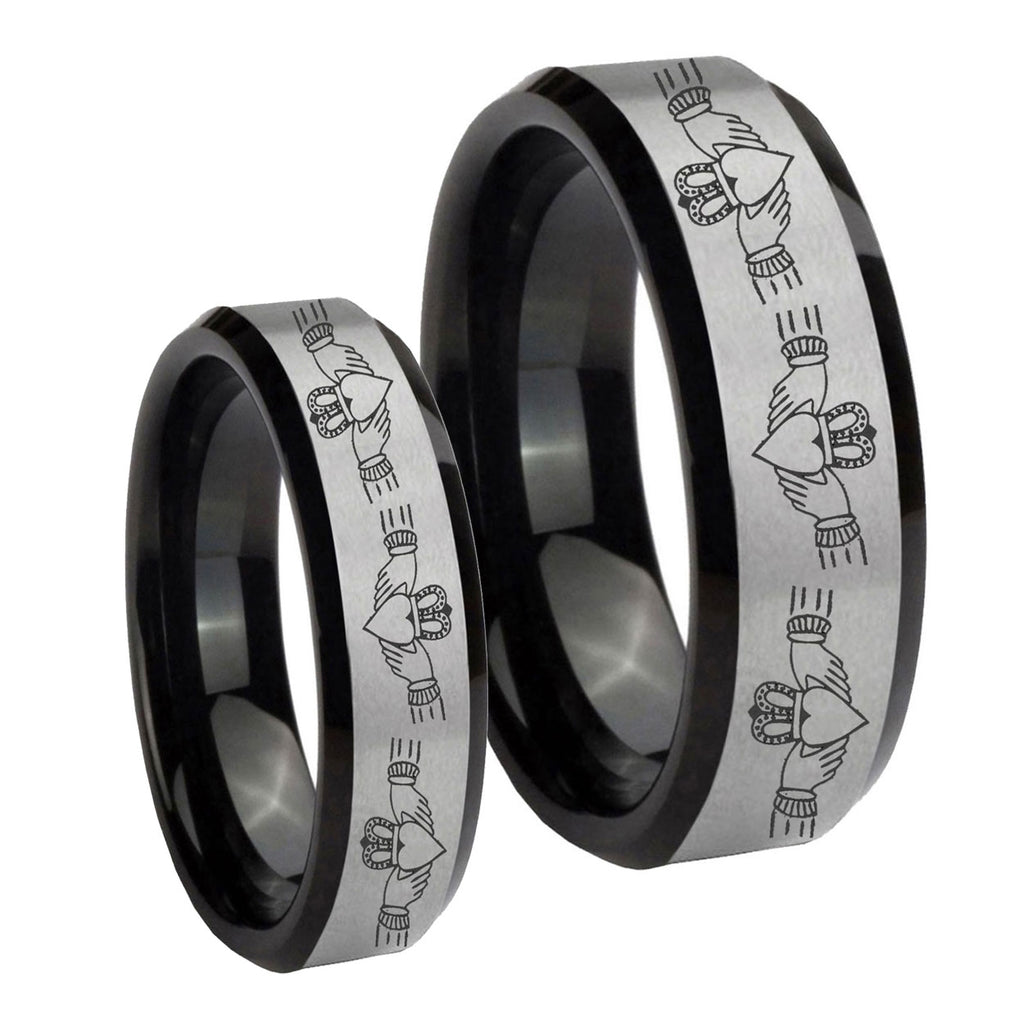 Irish Claddagh Beveled Brush Black 2 Tone Tungsten Bridal Band Set
