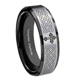8mm-Celtic-Cross-Beveled-Edges-Brush-Black-2-Tone-Tungsten-Carbide-Men's-Ring