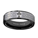 8mm-Celtic-Cross-Beveled-Edges-Brush-Black-2-Tone-Tungsten-Carbide-Men's-Ring
